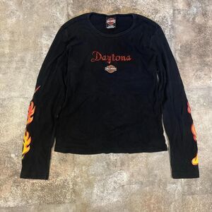 harley davidson black flaming t shirt with red rhinestone daytona size large